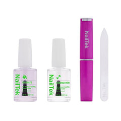 NailTek Nail Nutrition System with Hydrate, Strengthen treatments, a pink nail buffer, and a crystal file for healthy nails.