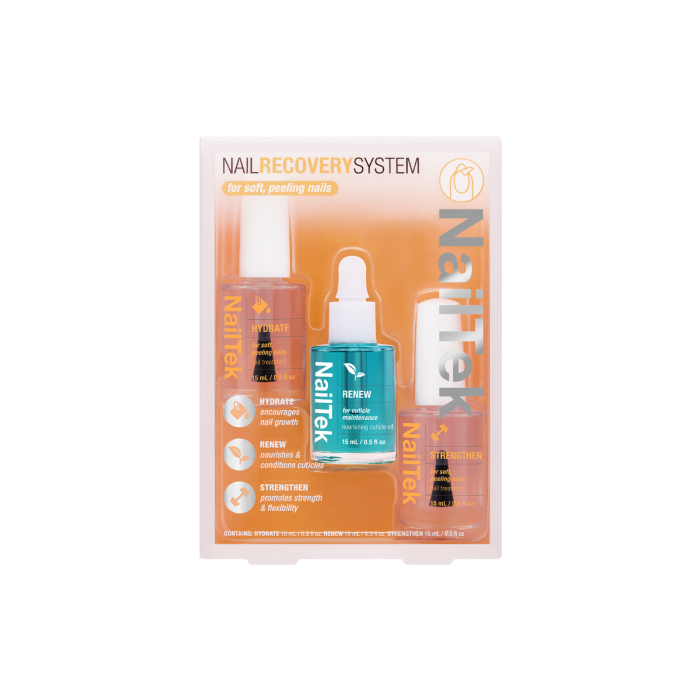 NailTek Nail Recovery System for soft, peeling nails, featuring hydration, renewal, and strengthening treatments for restoration.