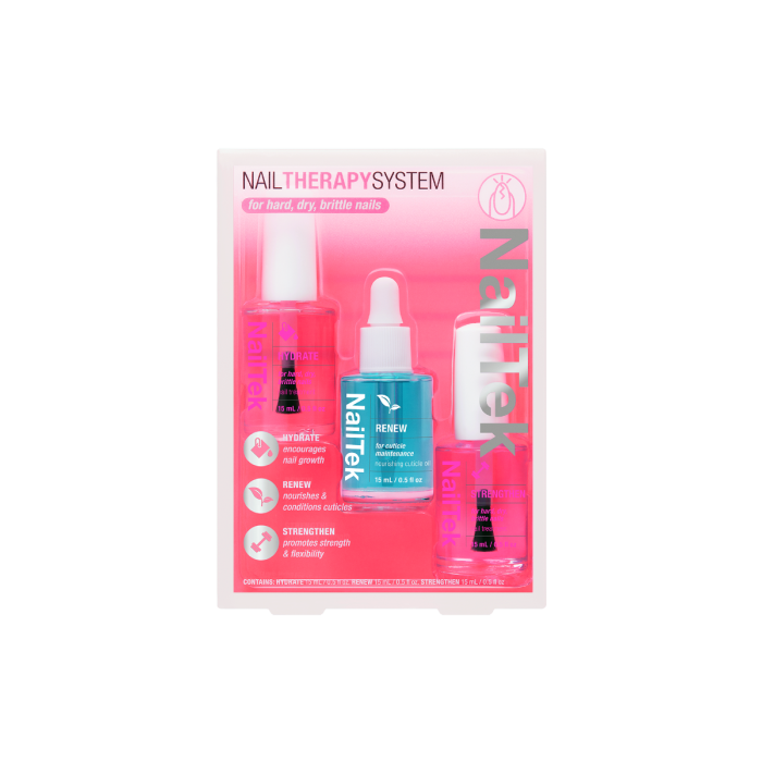 NailTek Nail Therapy System for hard, dry, brittle nails, featuring hydration, renewal, and strengthening treatments.