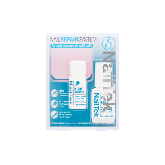 NailTek Nail Repair System for torn, cracked, or split nails, featuring resin, filler powder, and a nail buffer.