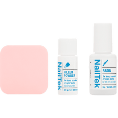 NailTek Nail Repair System with filler powder, resin, and a nail buffer for repairing and strengthening nails.