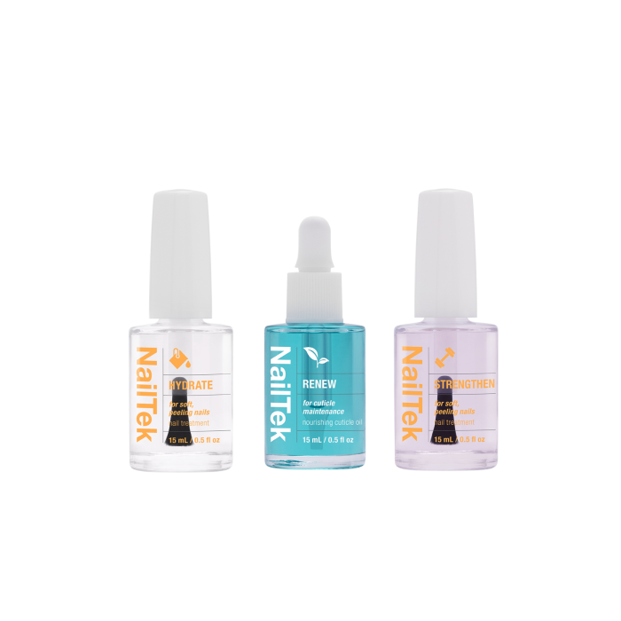 NailTek Nail Recovery System with Hydrate, Renew cuticle oil, and Strengthen treatments for repairing and restoring nails.