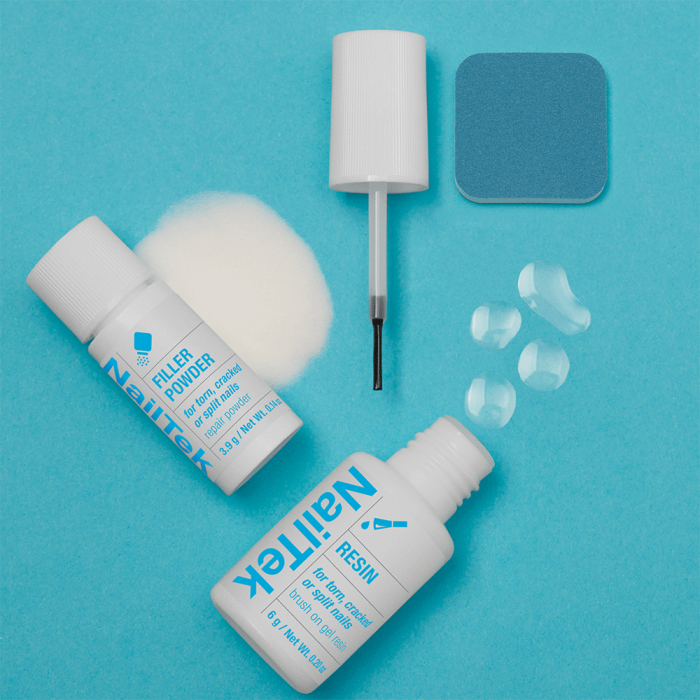 NailTek Nail Repair System featuring repair powder, brush-on gel resin, and a nail buffer for quick nail fixes.