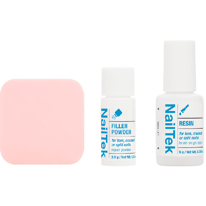 NailTek Nail Repair System with filler powder, resin, and a nail buffer for repairing and strengthening nails.