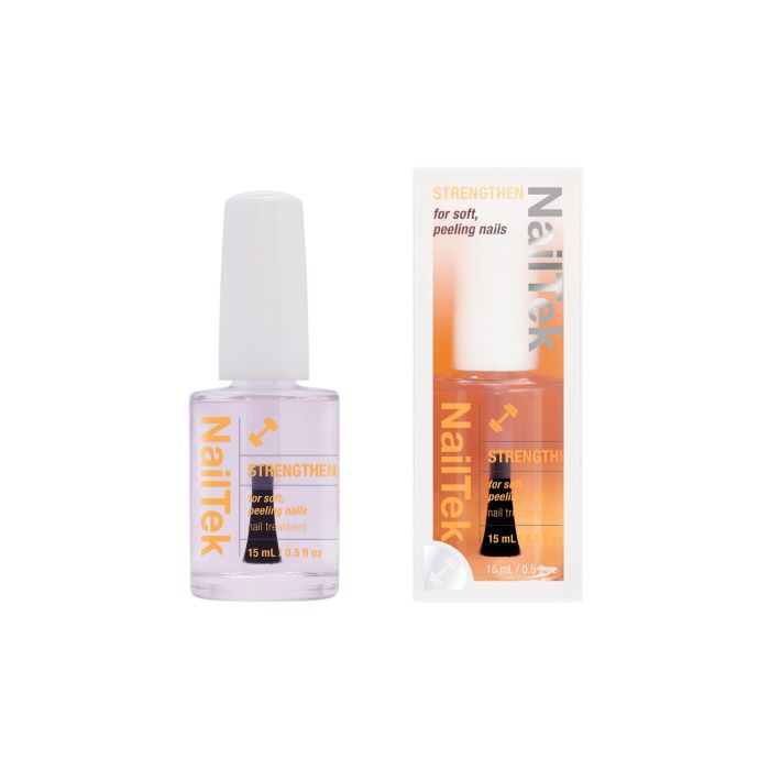 NailTek Strengthen Nail Treatment bottle alongside its packaging, formulated for soft, peeling nails.