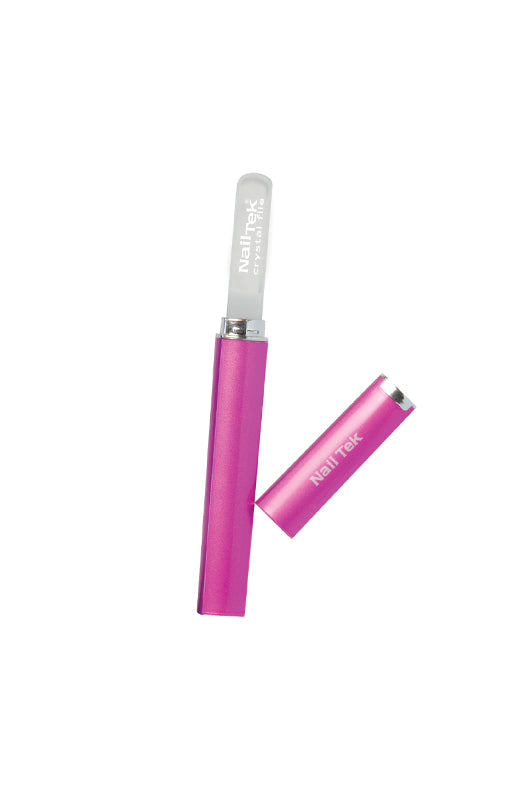 Uncovered Fuschia Travel Case exposing tip of Nail Tek Medium 5 inch Crystal File with cap laid on its side