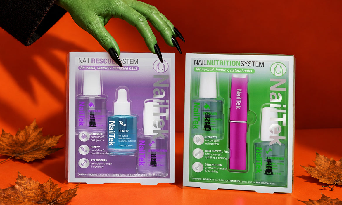 NailTek Nail Rescue System and Nail Nutrition System kits with a green witch hand and autumn leaves on an orange background.