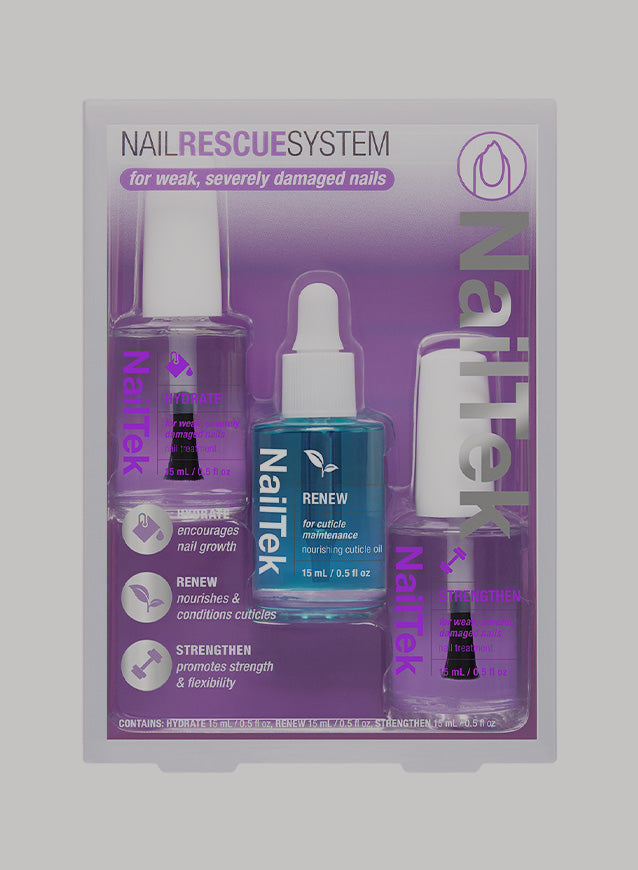 NailTek Nail Rescue System for weak, severely damaged nails, featuring hydration, renewal, and strengthening.