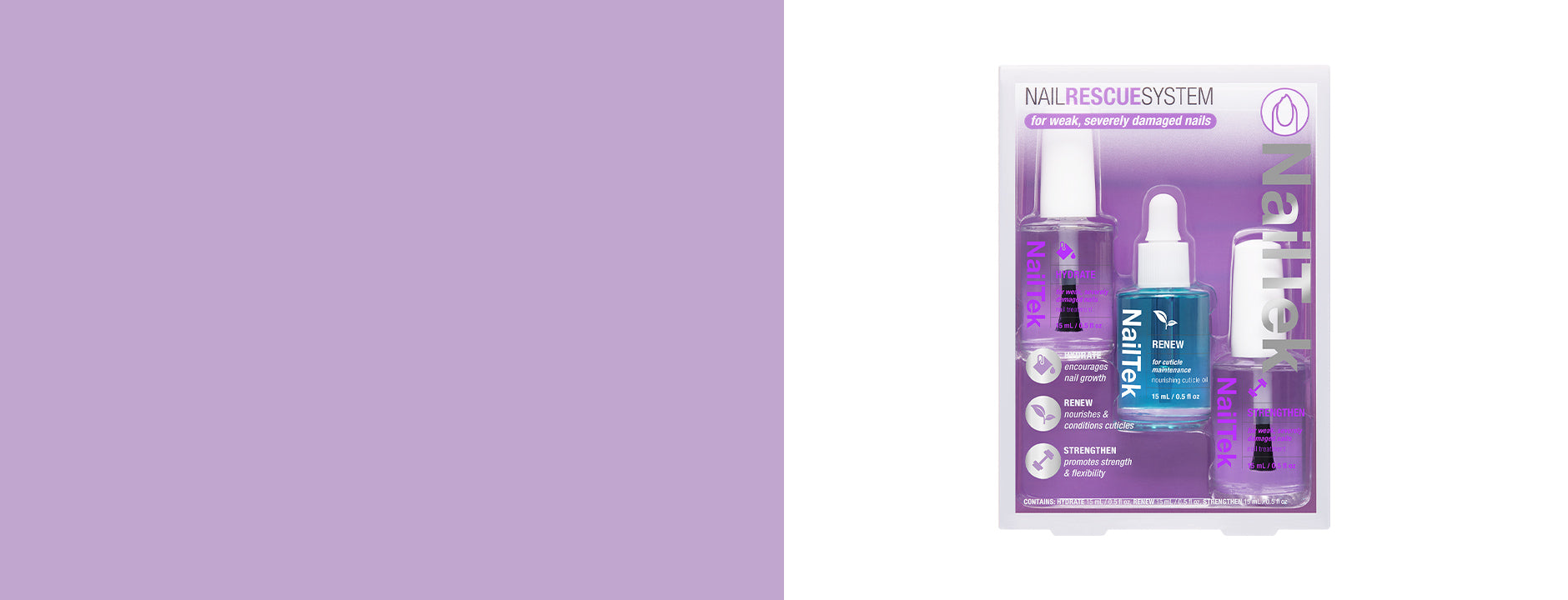 NailTek Nail Rescue System highlighting Hydrate, Renew cuticle oil, and Strengthen treatments for nail repair.