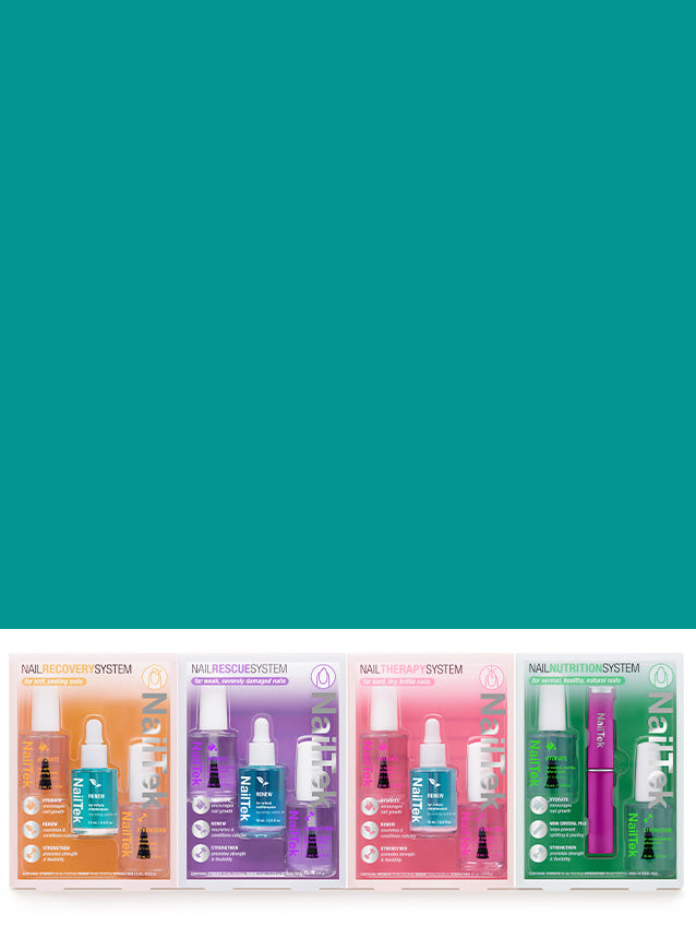 Four NailTek treatment kits displayed against a teal backdrop, highlighting product variety.